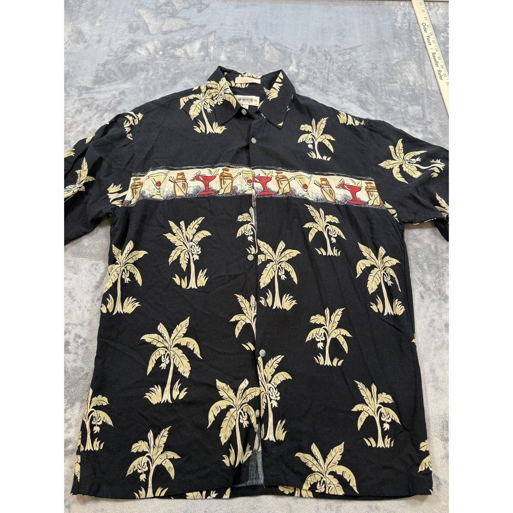 COMPRA MODA Men's M Black Palm Tree Hawaiian Button‎ Down Rayon Shirt Beach Bar